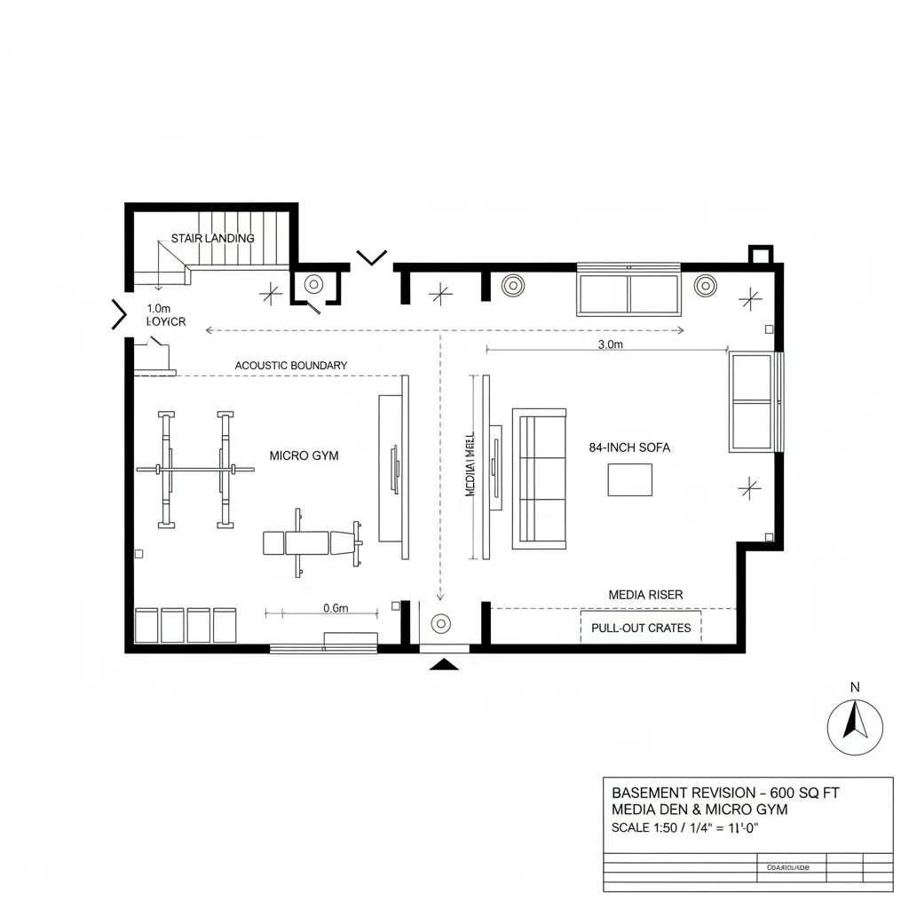 Top-down CAD plan of media den and micro gym with acoustic separation