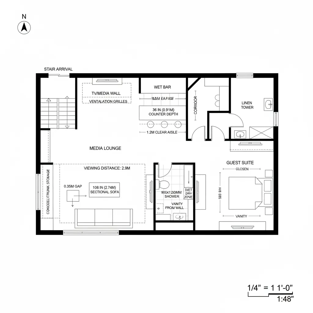 Top-down CAD plan showing a media lounge, wet bar, corridor loop, guest suite, and bath.