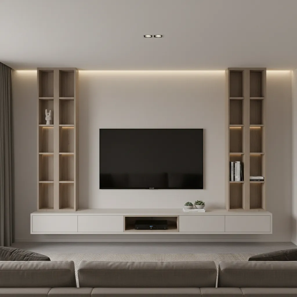 Media wall layout with vertical shelves around centered television
