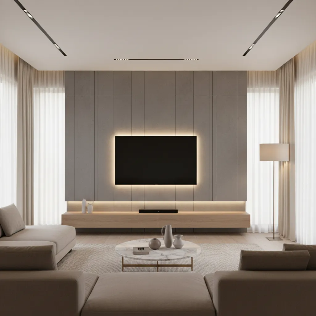Modern media wall with LED backlighting behind television panel