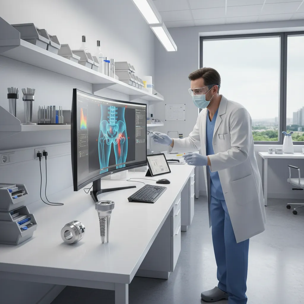 medical professional examining a 3D printed orthopedic implant model created from digital anatomical data