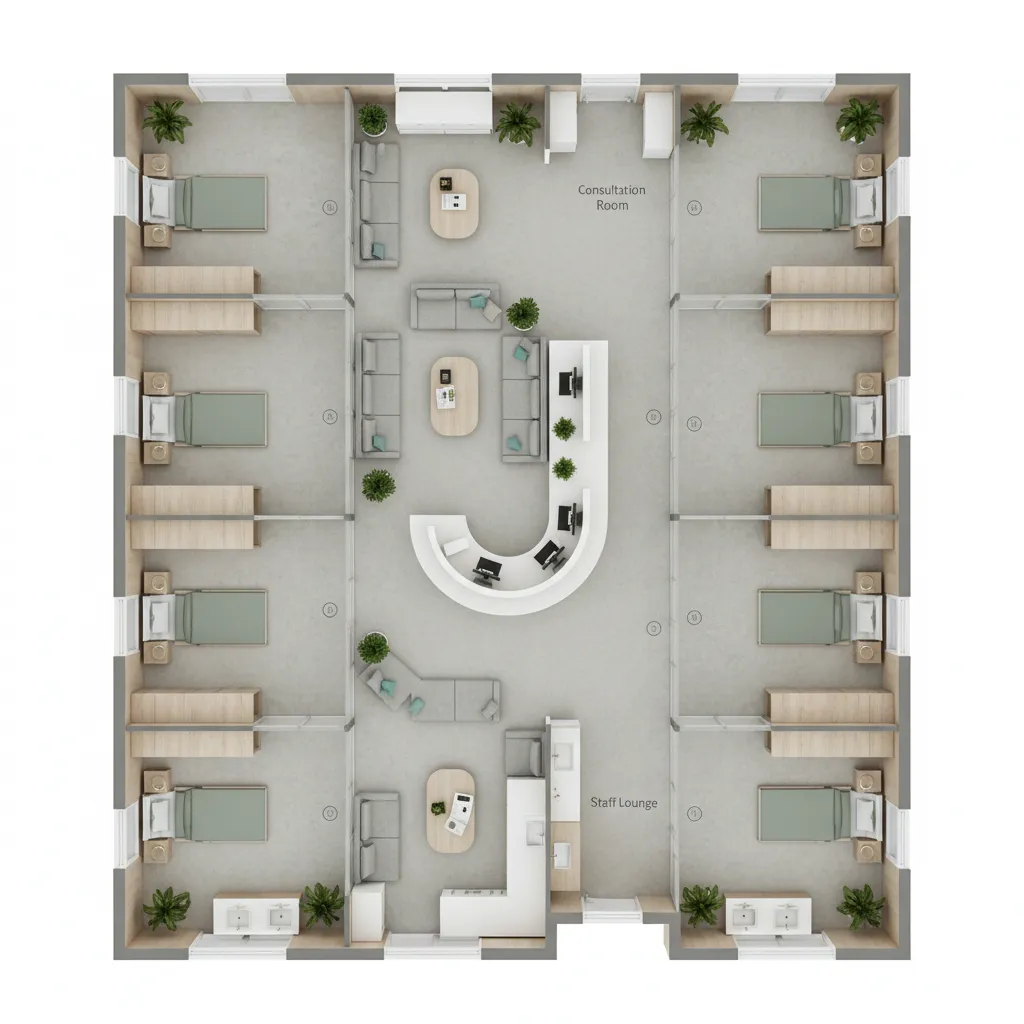 modern outpatient clinic floor plan layout with waiting area and exam rooms