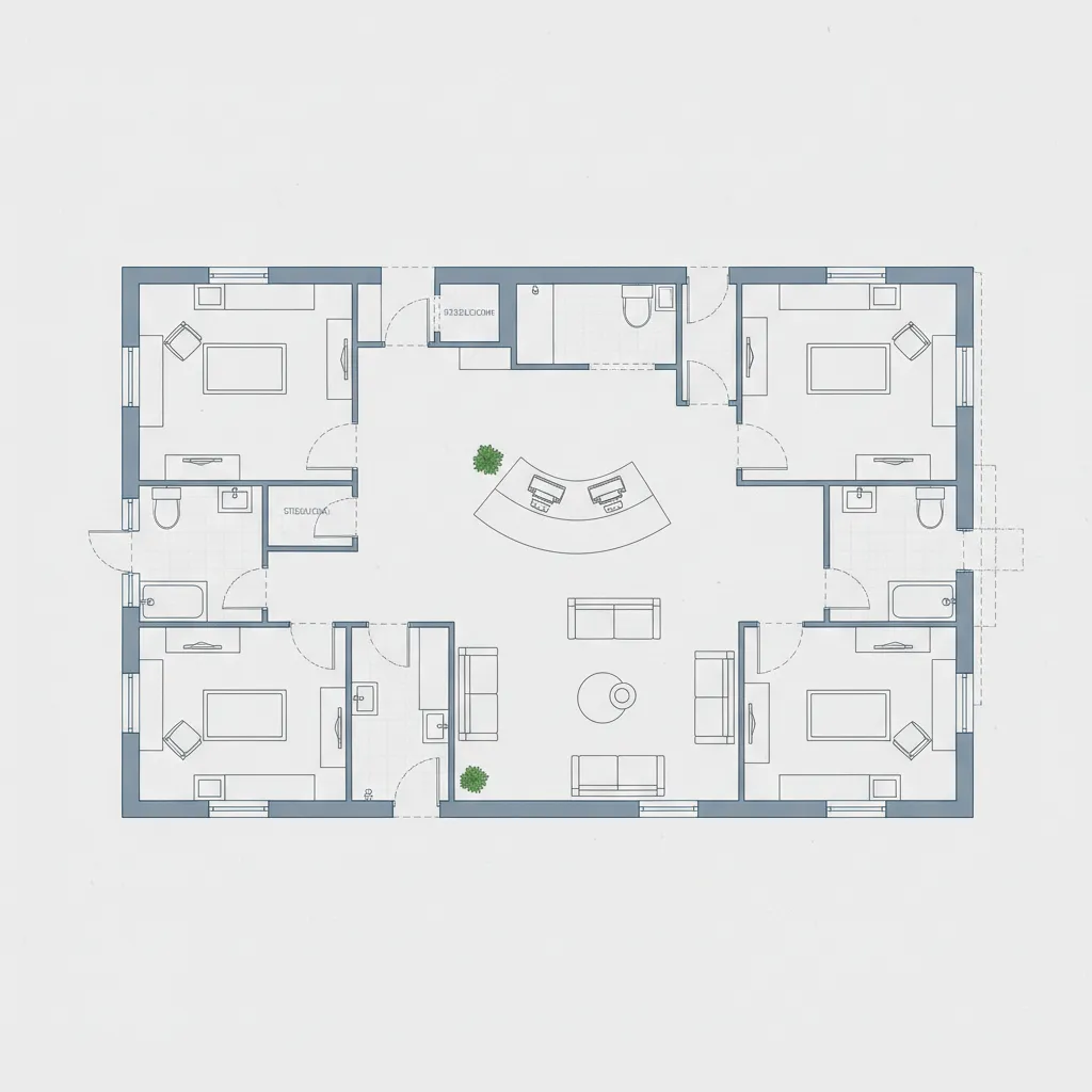 Top view medical clinic floor plan layout showing exam rooms and patient circulation