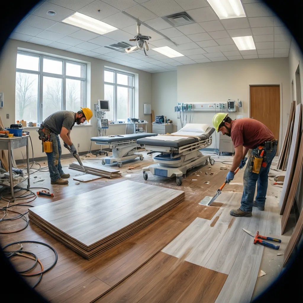 installation of new healthcare vinyl flooring in clinic renovation