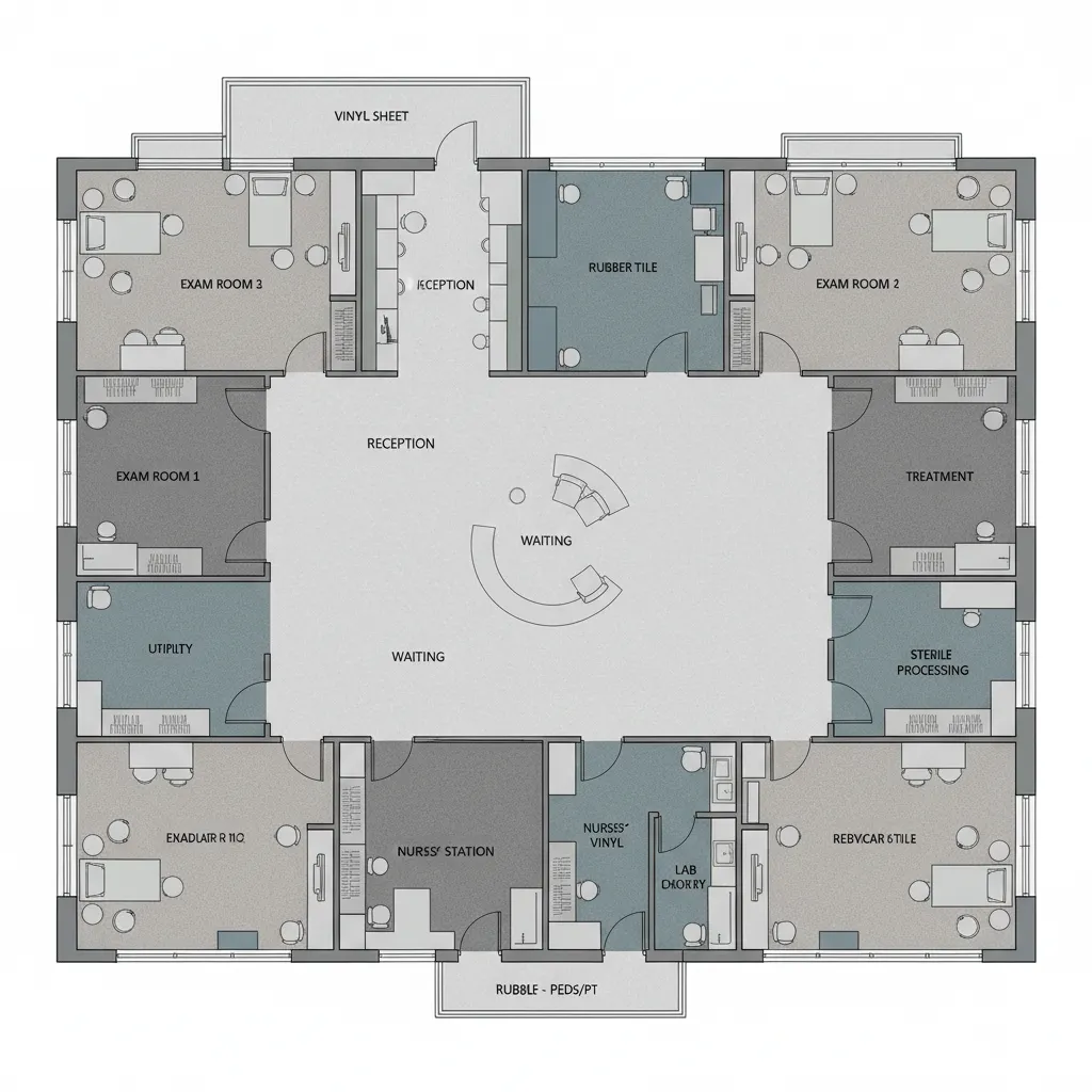 medical clinic floor layout illustrating flooring zones for vinyl rubber and tile