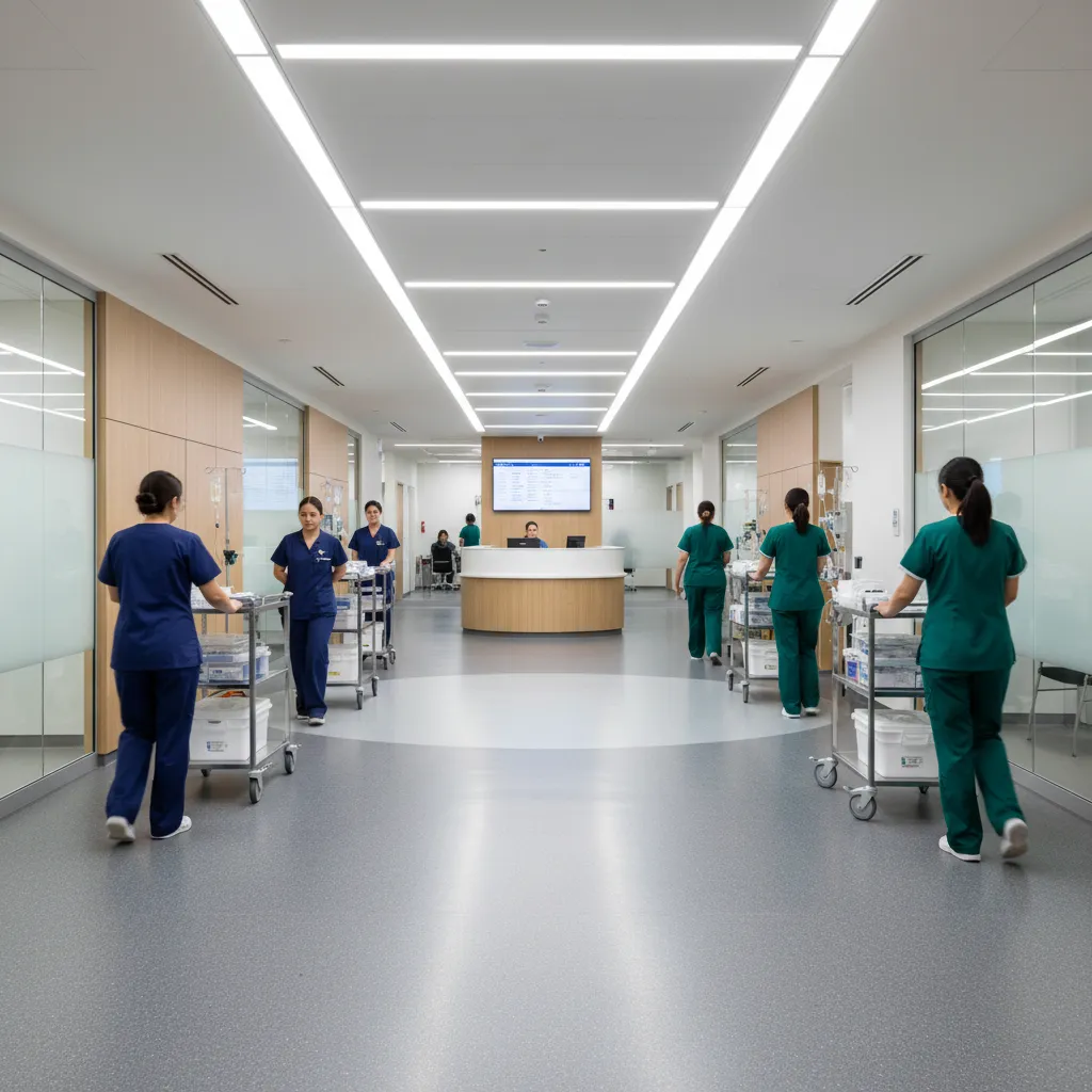 Busy medical clinic hallway showing durable healthcare flooring for high traffic areas