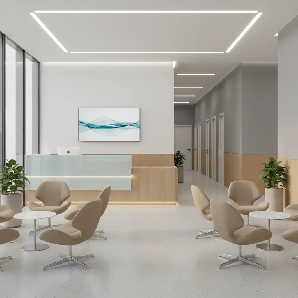3D visualization of medical clinic layout showing reception waiting area and exam rooms
