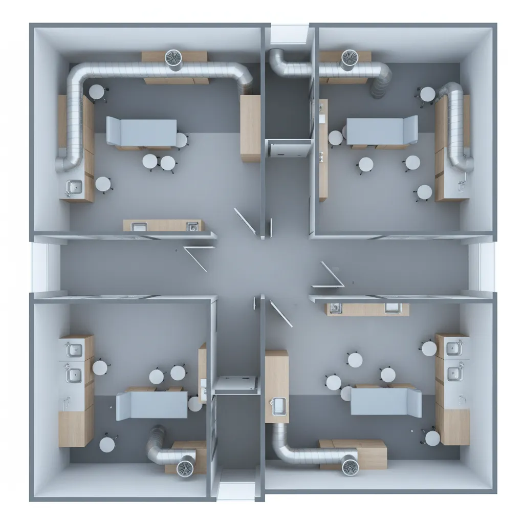 3D clinic floor plan showing plumbing points HVAC vents and exam rooms