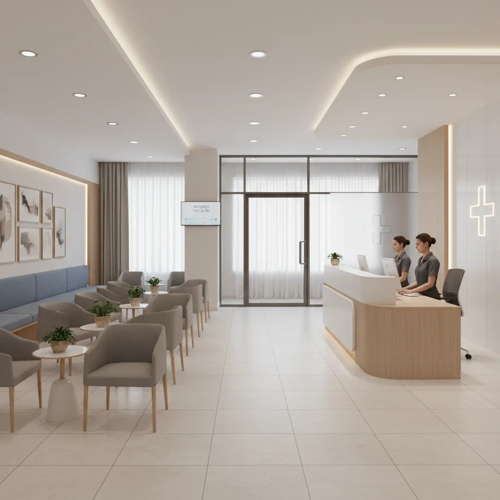 Medical clinic reception and waiting area with organized patient flow layout
