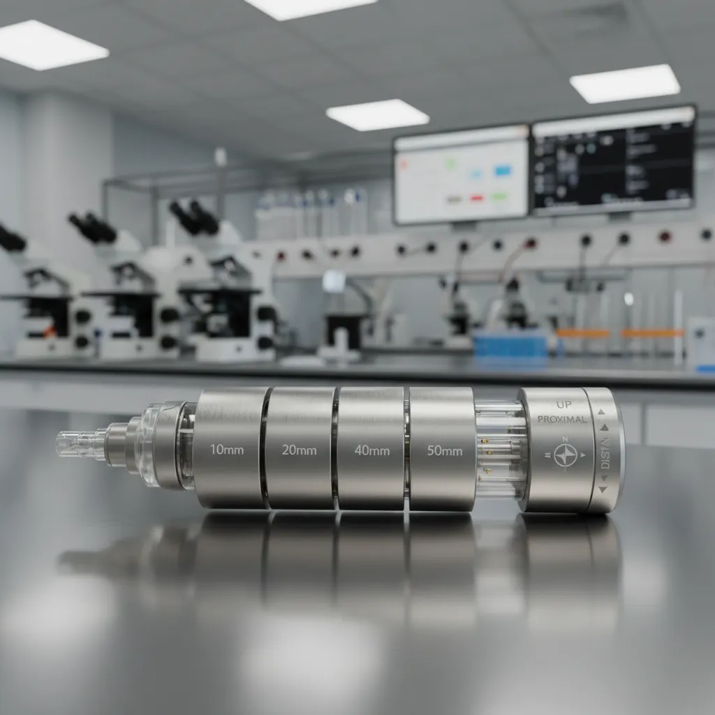 medical device prototype with engraved size and orientation labels