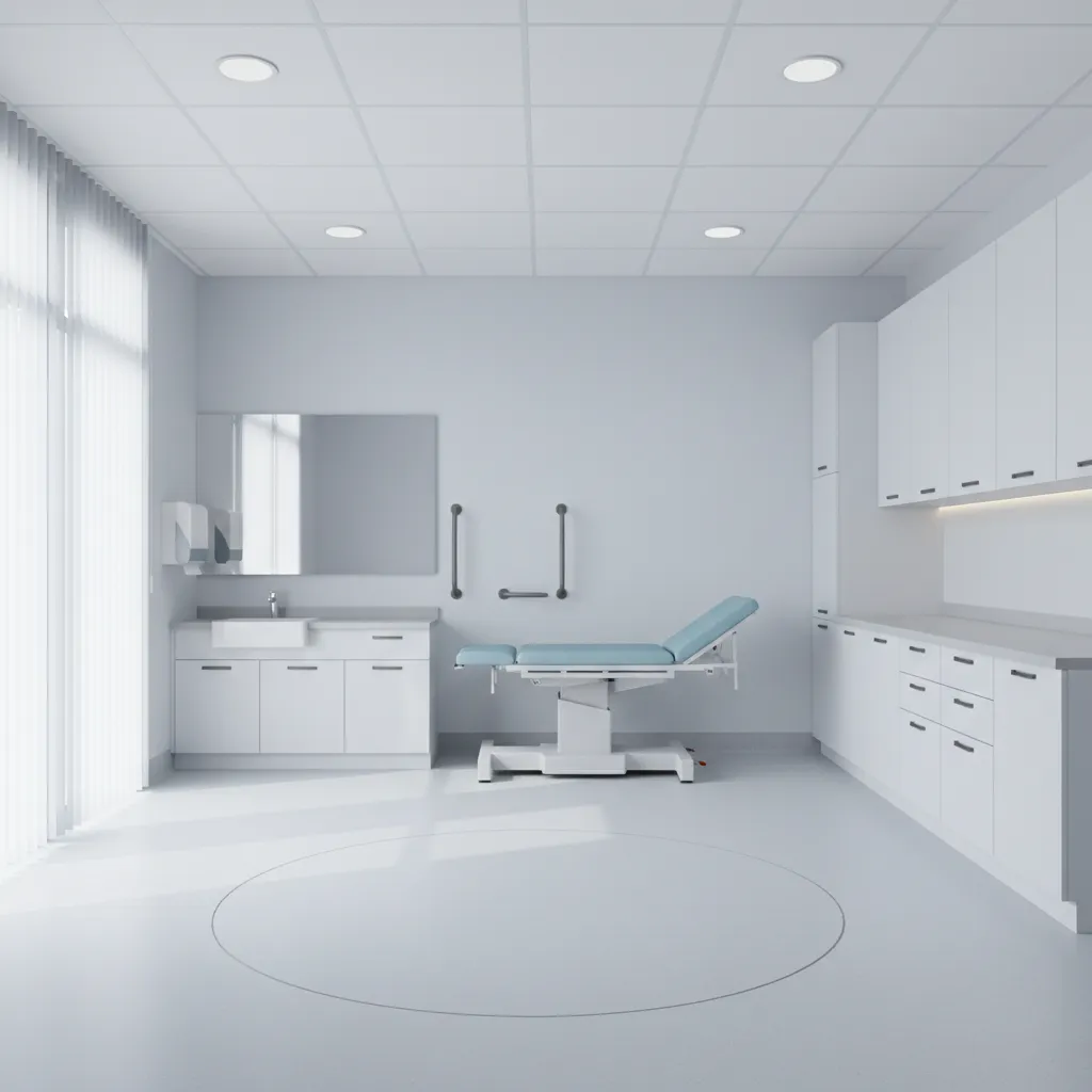 ADA compliant medical exam room layout with wheelchair turning space