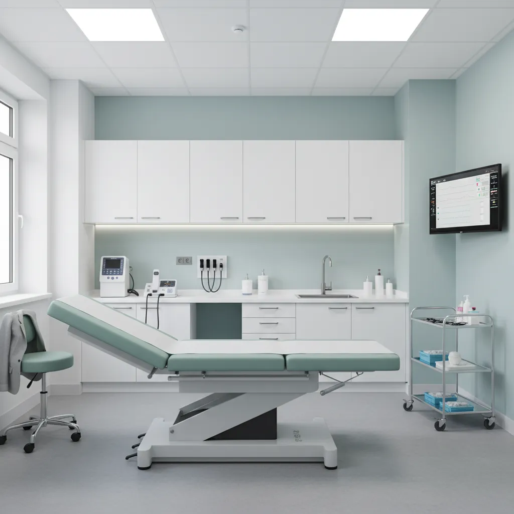 modern medical exam room with sink cabinets and exam table