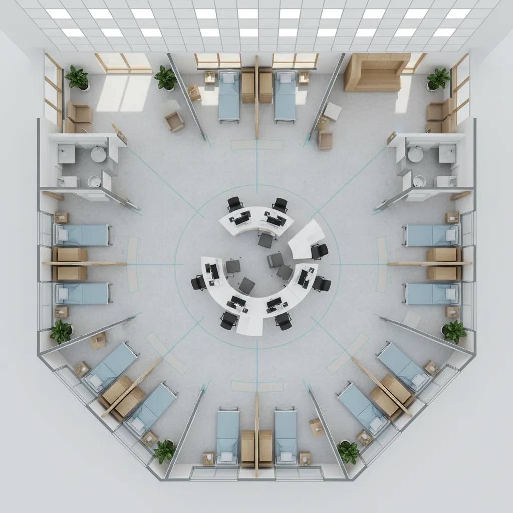 3D visualization of redesigned medical clinic floor plan with improved circulation