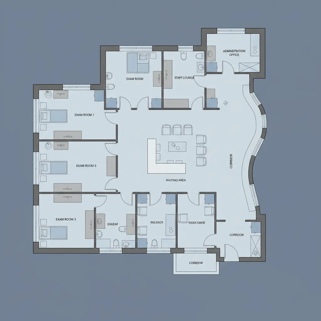 Medical office floor plan showing exam rooms reception and patient flow
