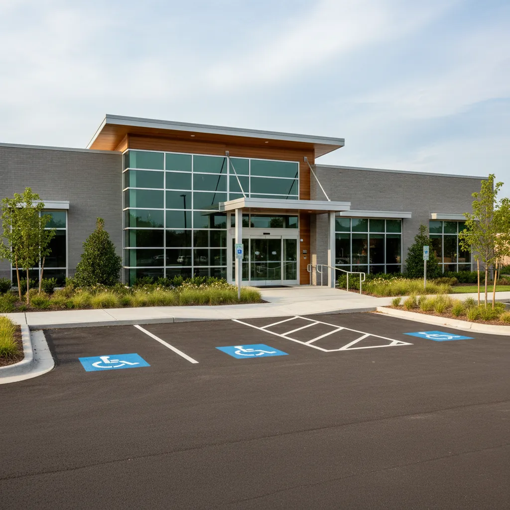 Patient parking area outside modern medical office building with accessible spaces