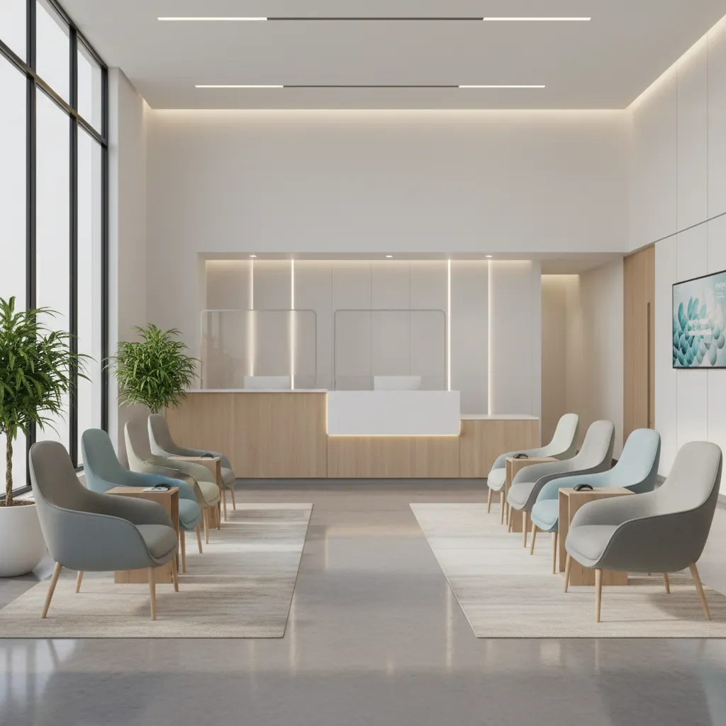 Medical office waiting room with reception desk and seating layout