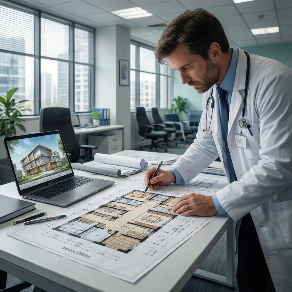 Healthcare professionals reviewing clinic zoning plans and layout drawings