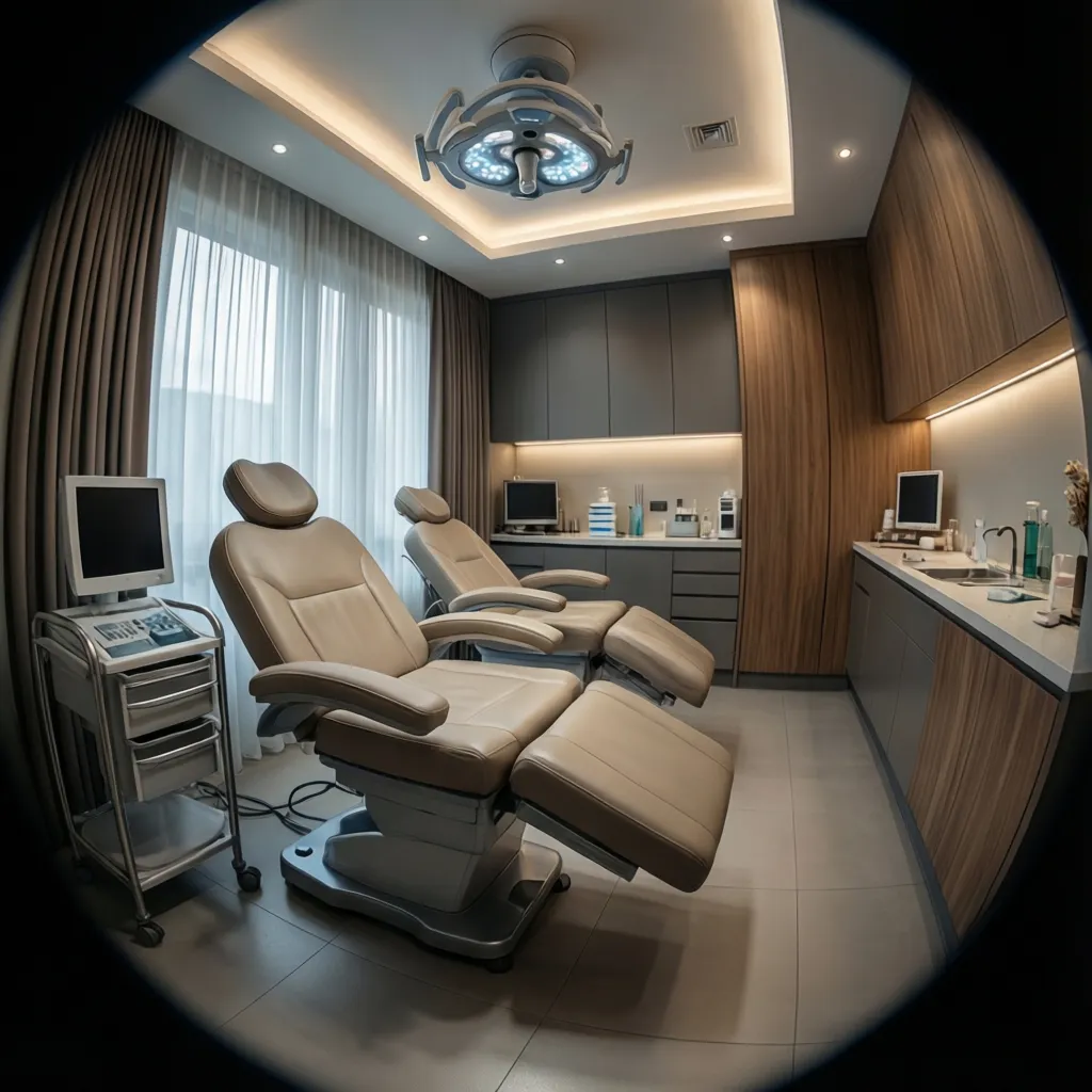 Medical spa treatment room with clinical equipment and warm interior design
