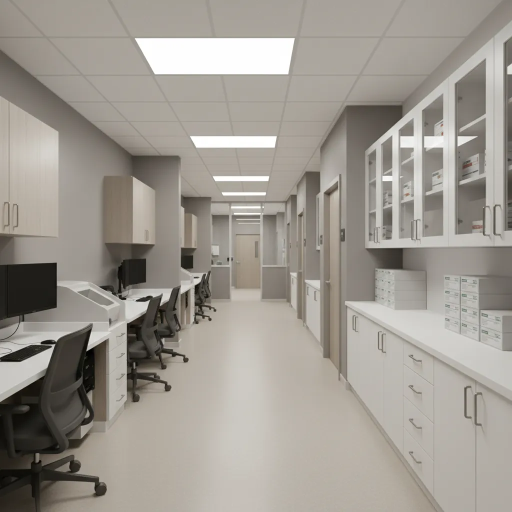 clinical corridor behind exam rooms showing staff workflow area and nurse station