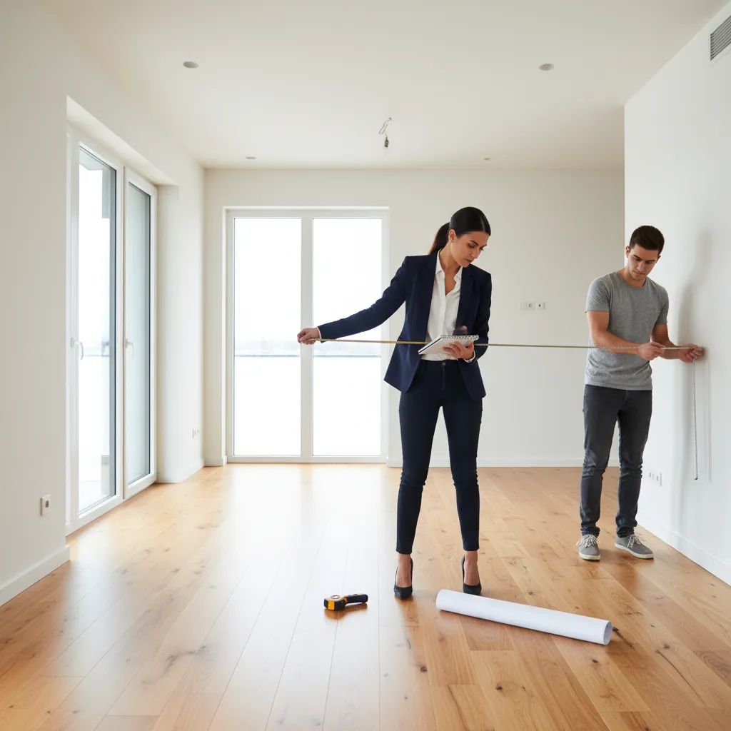 Professionals measuring an empty room with wooden floors and white walls using a tape measure