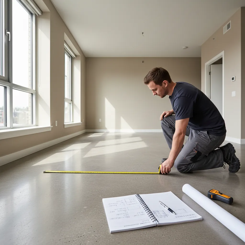 Persona midiendo una habitación con cinta métrica para crear un plano