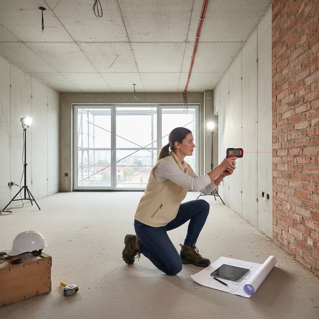 Woman uses a laser tool to measure a brick wall with an interior design drawing