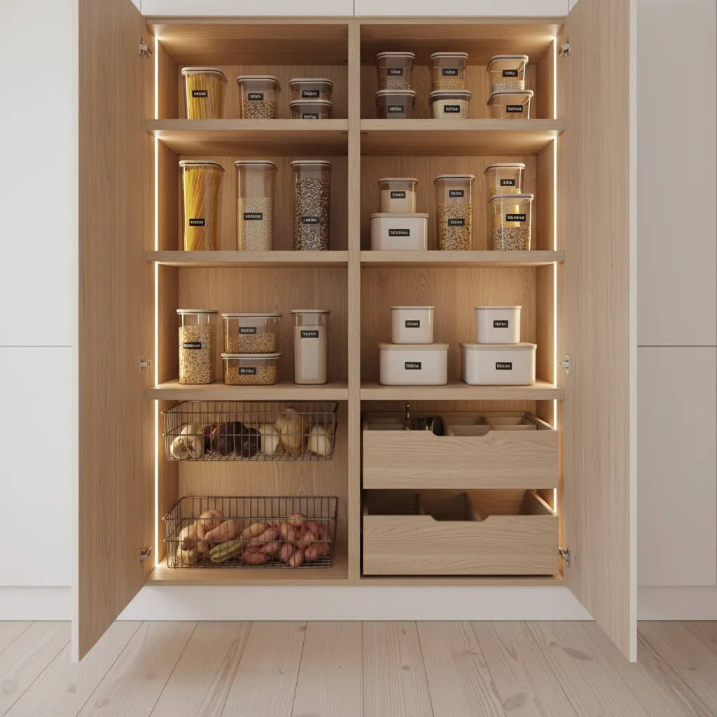 Symmetrical light wood pantry cabinet with open doors glass containers metal baskets and storage drawers