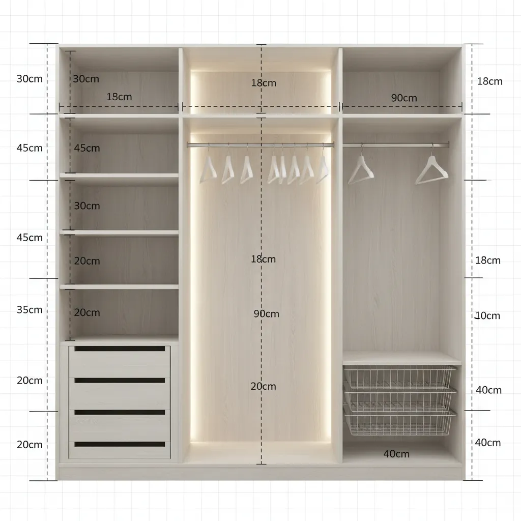 Interior design drawing of a wooden closet showing detailed height and width measurements for storage
