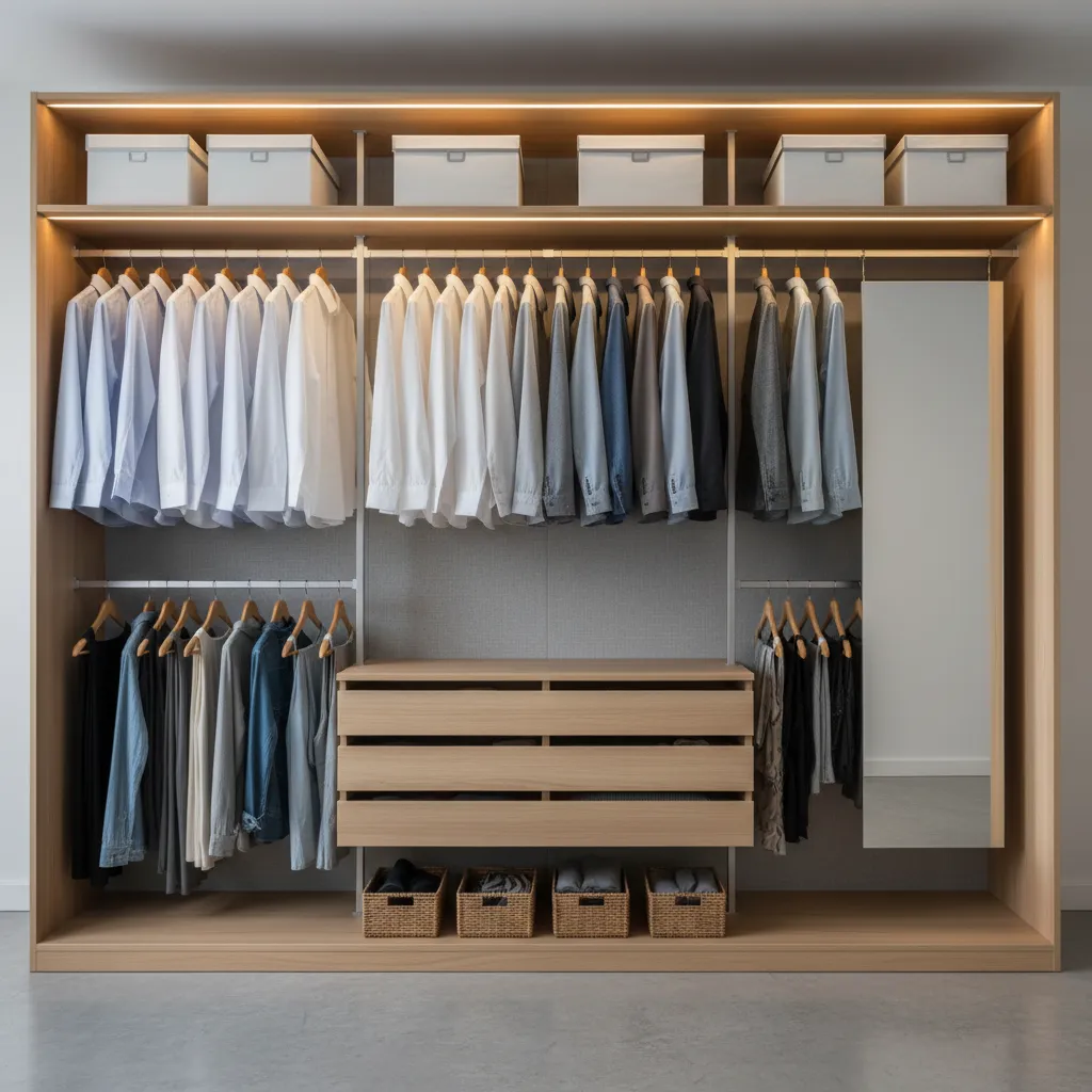 Armario empotrado con diferentes alturas de barras para ropa