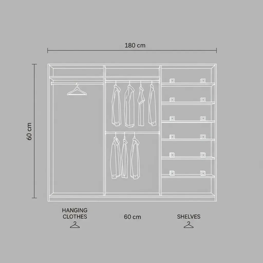 Diagrama con medidas típicas de un armario de tres puertas