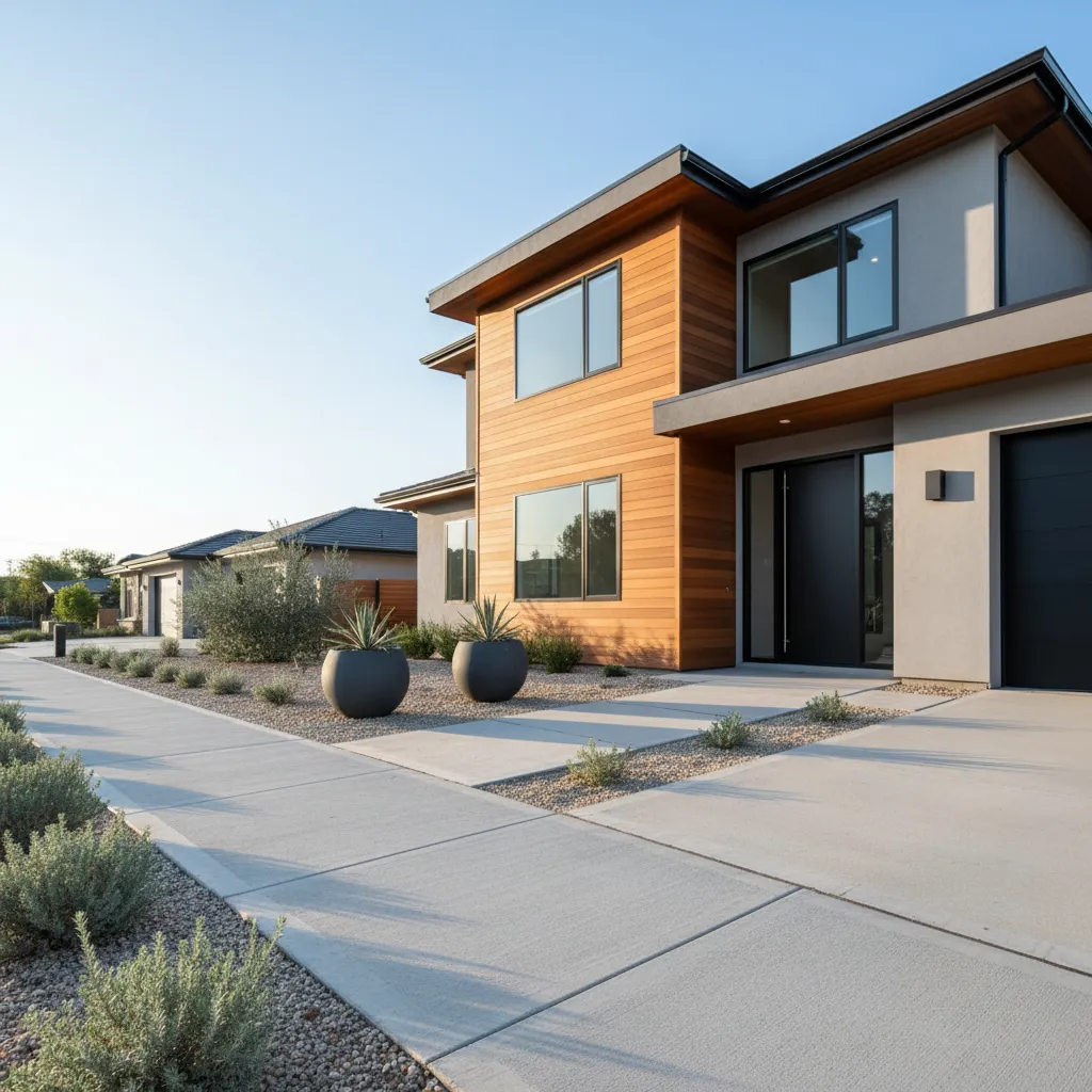 Banqueta amplia frente a una casa con espacio cómodo para caminar