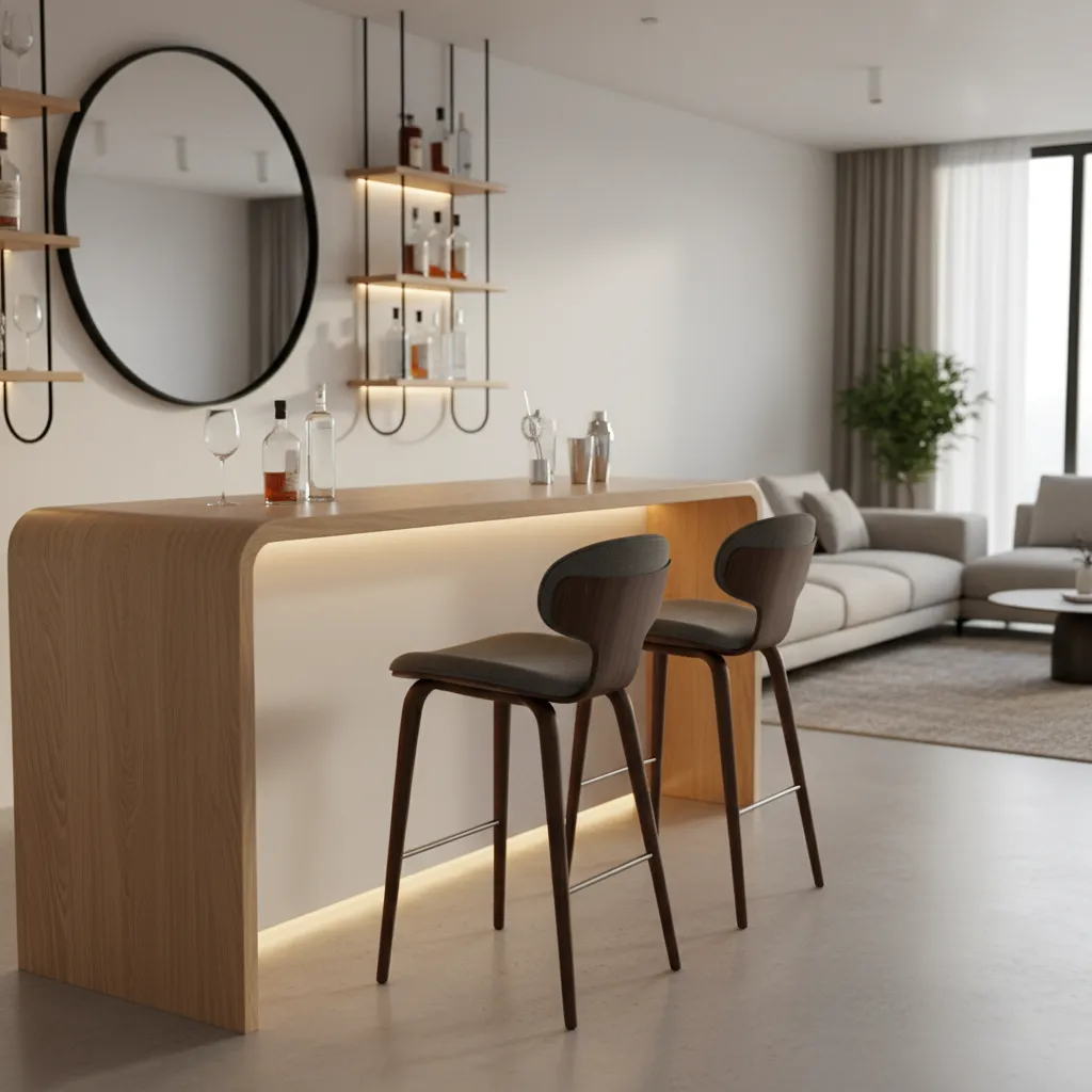 Barra doméstica con taburetes mostrando proporciones cómodas