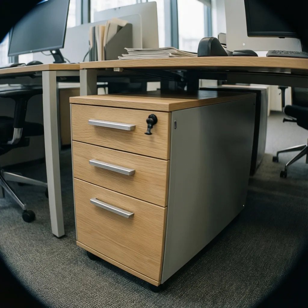 Mobile wooden cabinet with three drawers and key lock placed under a modern office desk