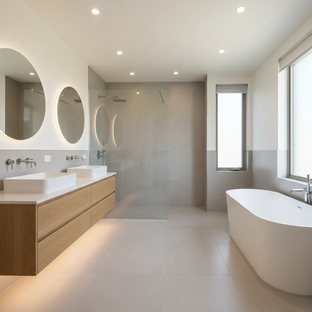 Baño moderno con ducha y lavabo mostrando un diseño ergonómico y espacioso