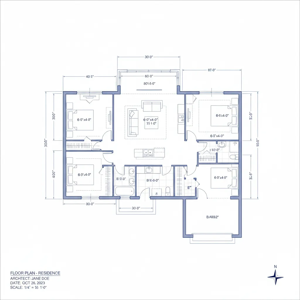 Plano de vivienda con cotas y medidas de habitaciones