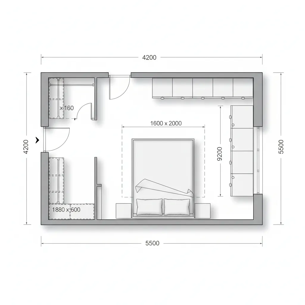 Plano de dormitorio con medidas y espacio para muebles