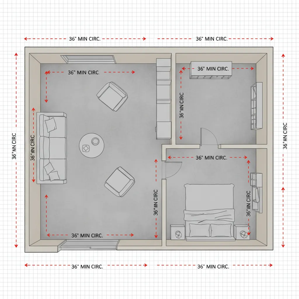 diagrama mostrando medidas mínimas de circulação em ambientes de casa