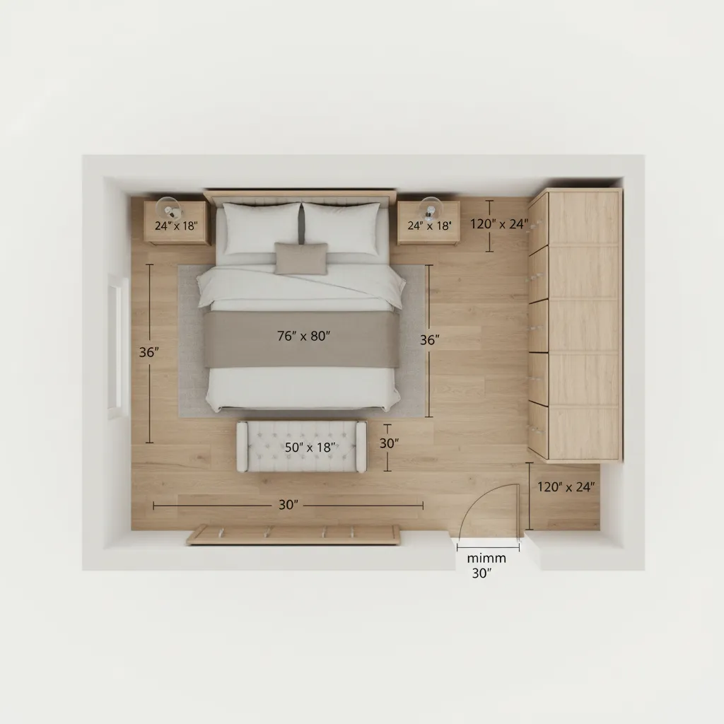 Plano de habitación con medidas de muebles y espacios de circulación
