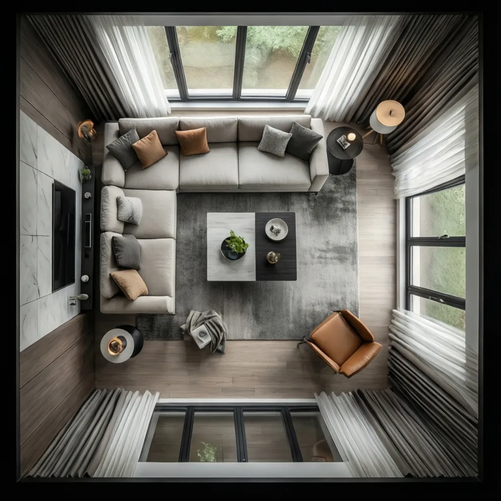 Sala de estar mostrando espacio de circulación entre muebles