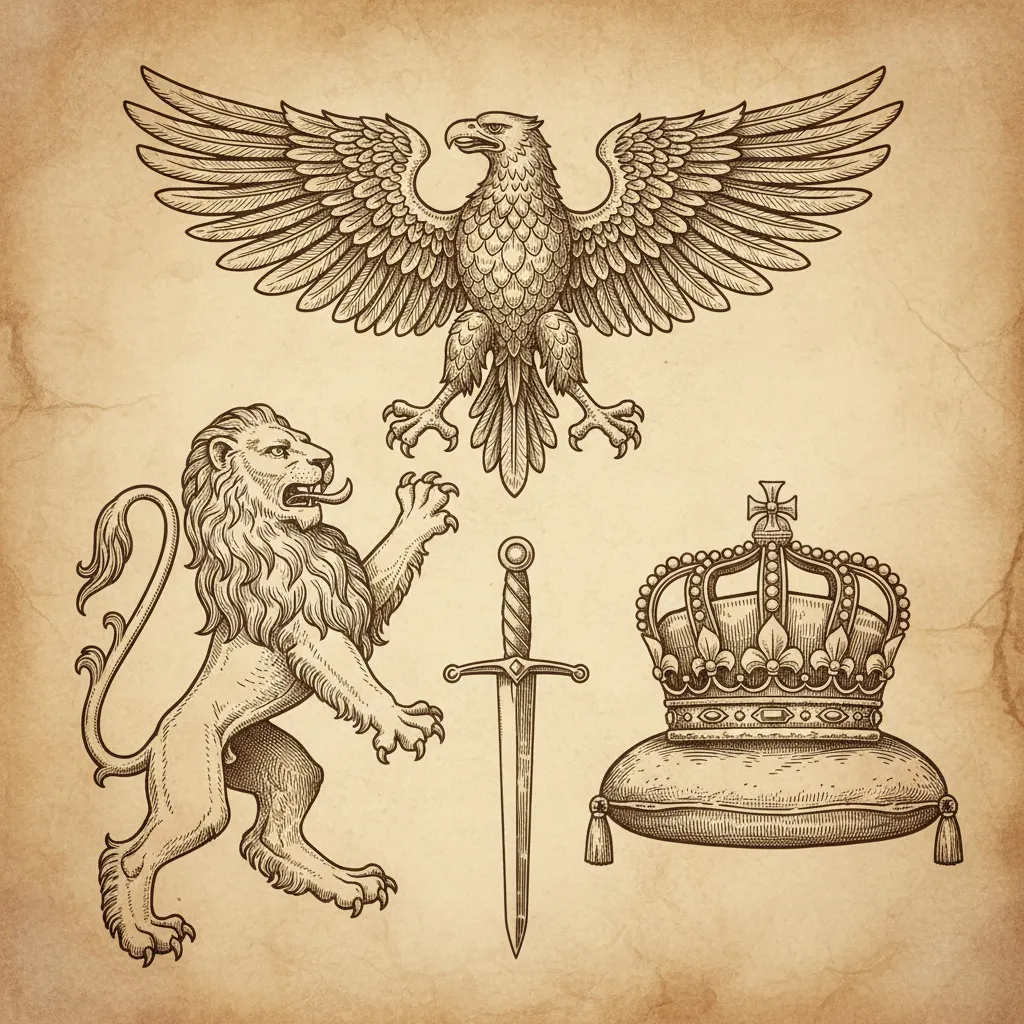 Símbolos heráldicos medievales como león águila espada y corona