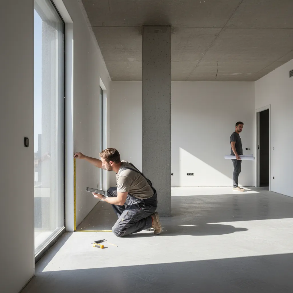 A man measuring a white wall with a yellow tape measure inside an empty room