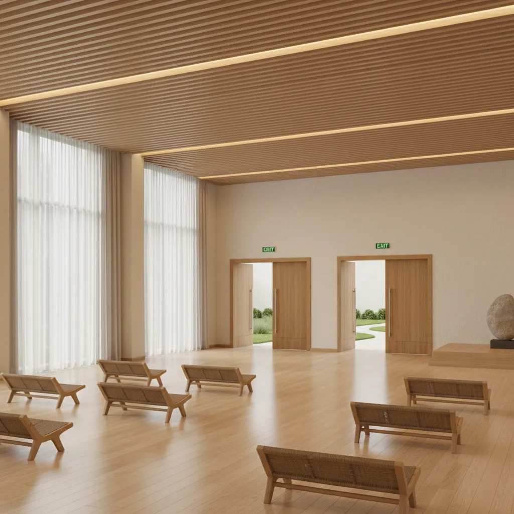 Spacious hall with wooden floor, wooden ceiling, white curtains, and two doors with exit signs
