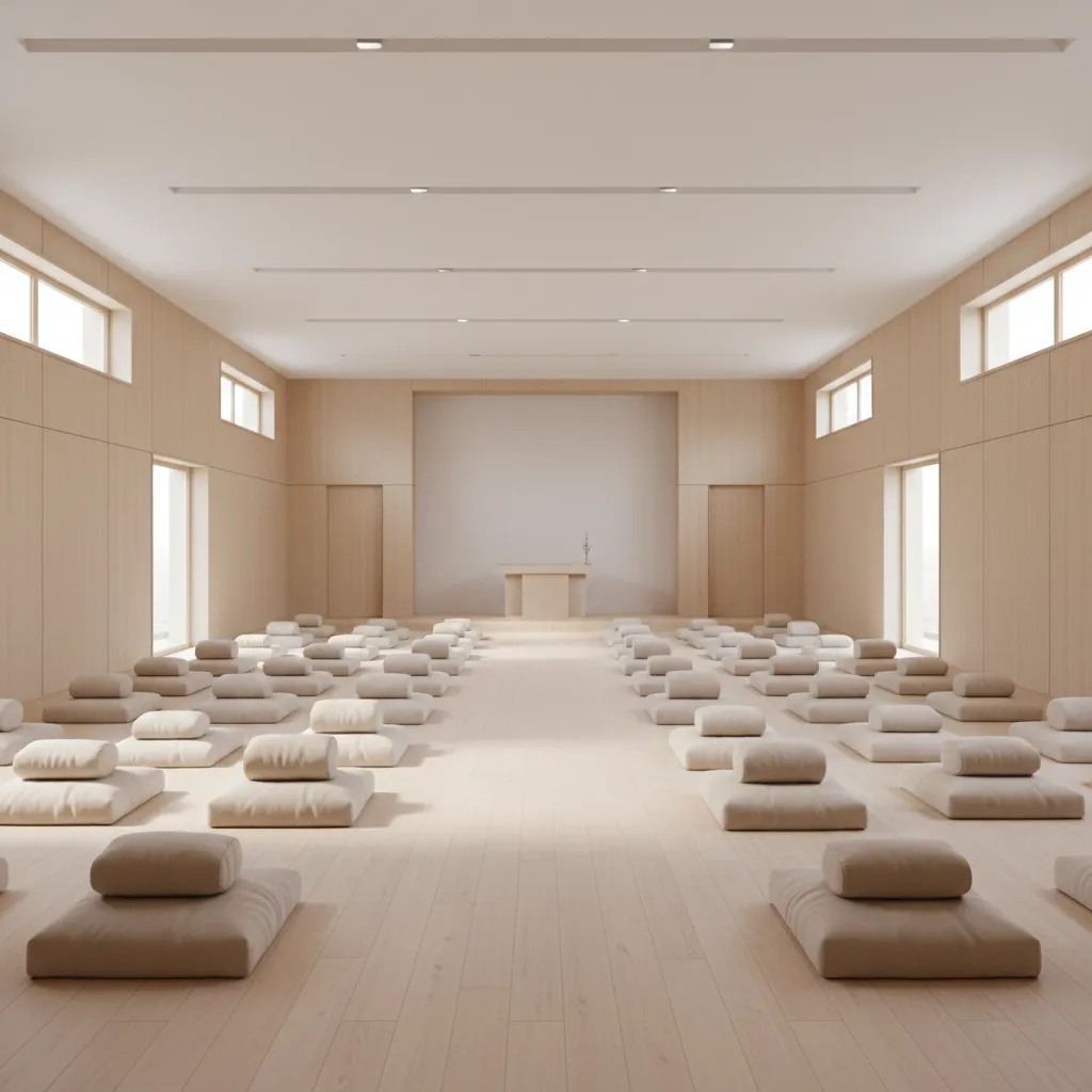 Large meditation room with light wood floor, rows of cushions, central aisle, and small altar
