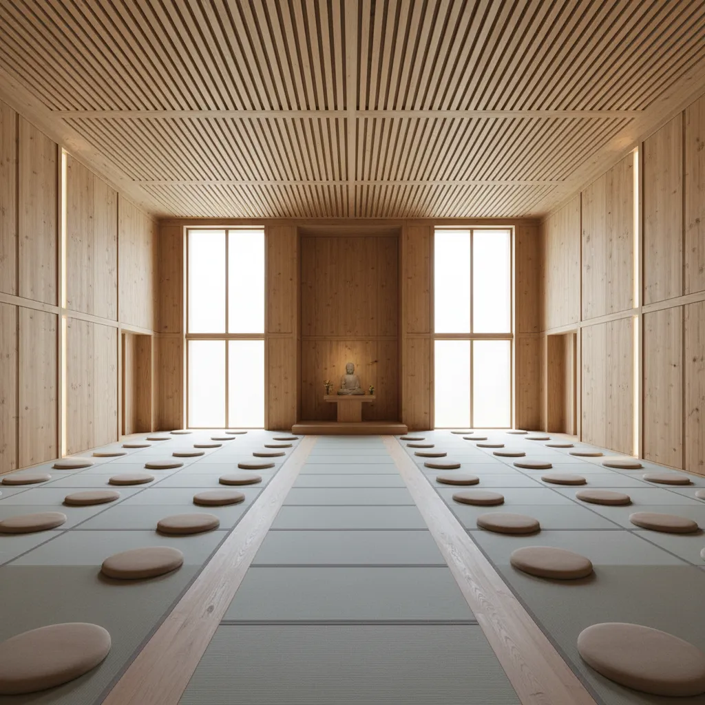 Wooden meditation hall with wooden walls, floor mats, many round cushions, and a small statue