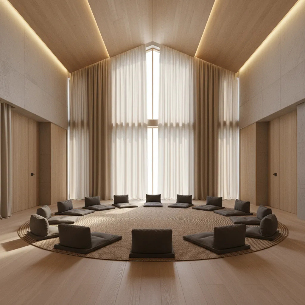meditation hall with indirect warm lighting and filtered natural light