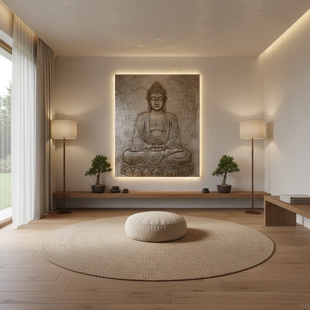 Meditation room with Buddha wall art and layered warm lighting creating peaceful atmosphere
