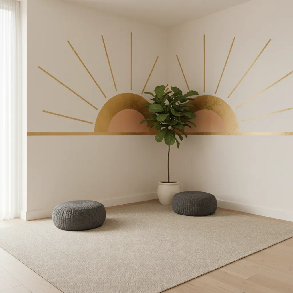 minimalist meditation room with sunrise peace wall mural