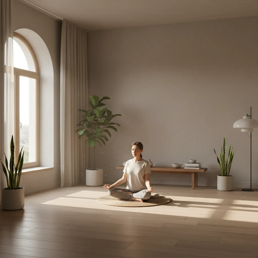 Person meditating in calm minimalist room symbolizing stability and mental balance