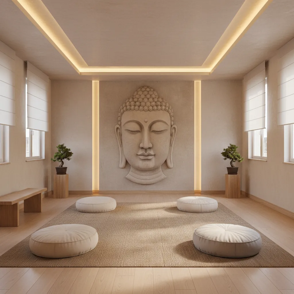 Meditation studio with indirect lighting illuminating Buddha wall art