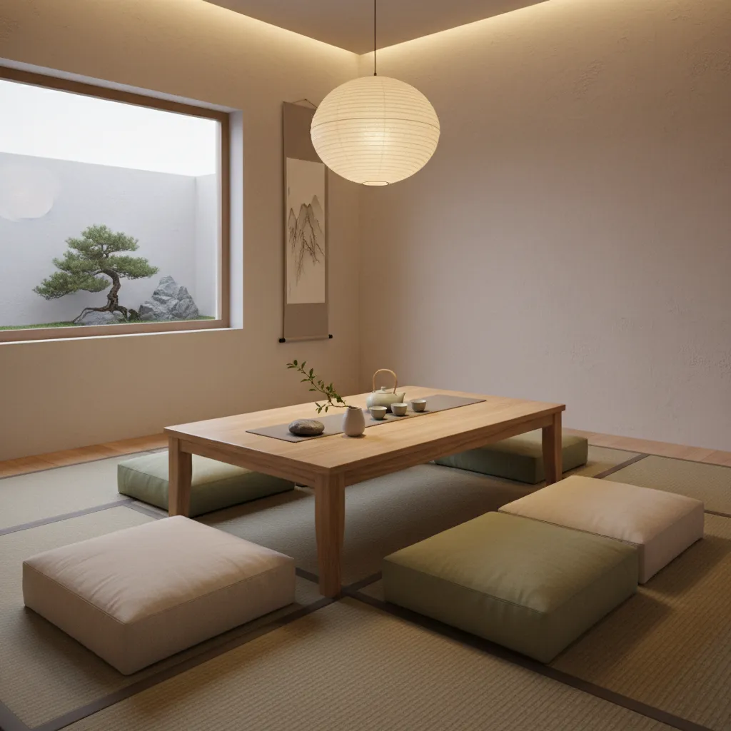 Small meditation tea space with low table and cushions